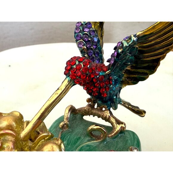 Vintage 90s Rhinestone Encrusted Hummingbird Ring Box Green Enamel - Picture 10 of 14